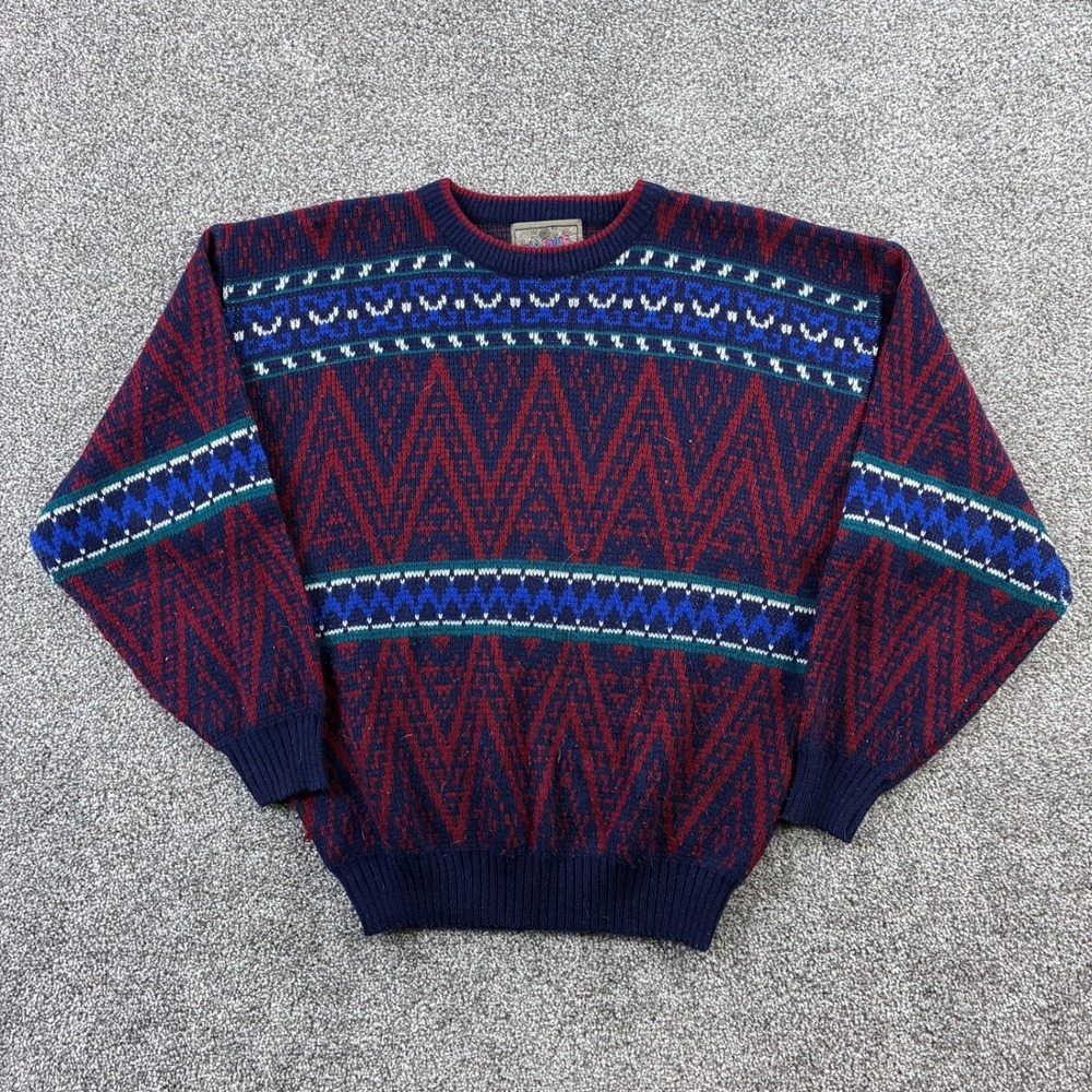 Vintage Magnet Sweater‎ Mens Small Navy Red Aztec Geometric Knit Crewneck